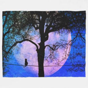 A Black Cat on a Wire Full Moon Fleece Blanket