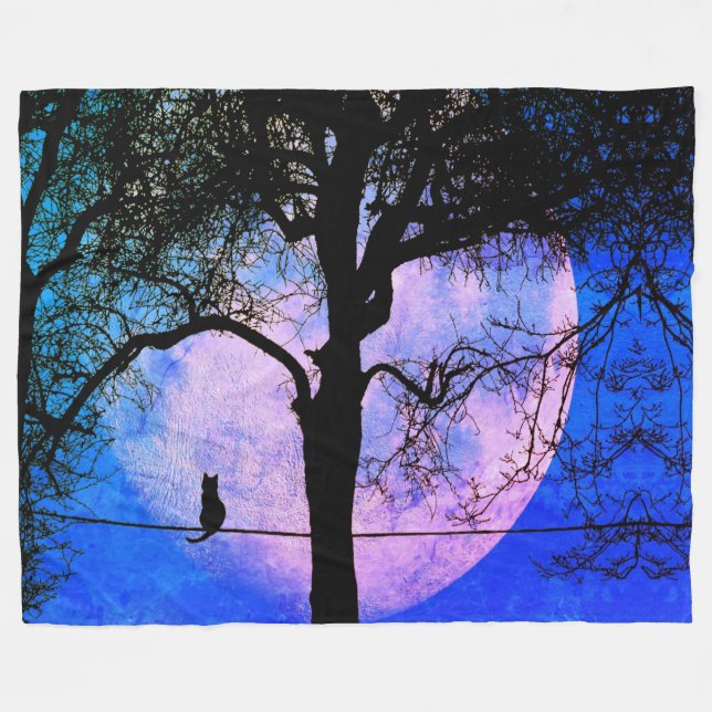 A Black Cat on a Wire Full Moon Fleece Blanket (Front (Horizontal))