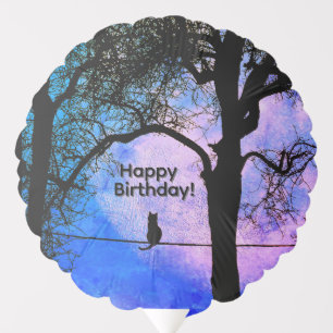 A Black Cat on a Wire Full Moon Happy Birthday Balloon