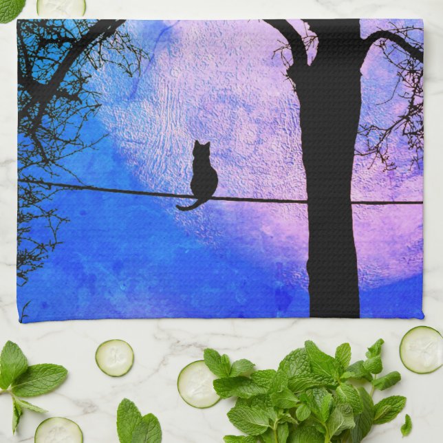 A Black Cat on a Wire Full Moon Kitchen Towel (Folded)