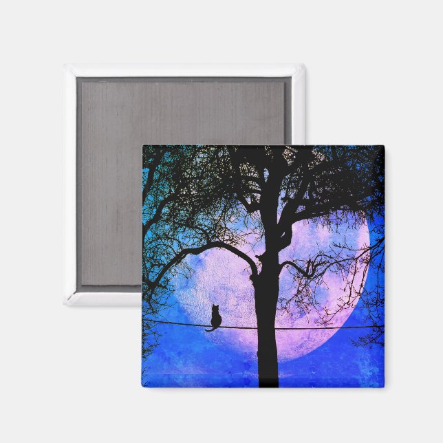 A Black Cat on a Wire Full Moon Magnet (Front/Back)