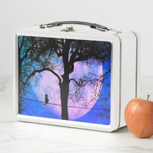 A Black Cat on a Wire Full Moon Metal Lunch Box