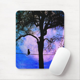 A Black Cat on a Wire Full Moon Mouse Pad