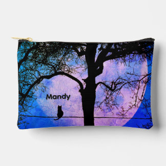 A Black Cat on a Wire Full Moon Name Accessory Pouch