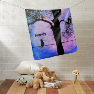 A Black Cat on a Wire Full Moon Name Baby Blanket