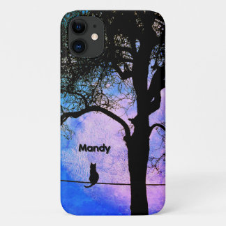 A Black Cat on a Wire Full Moon Name iPhone 11 Case