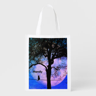 A Black Cat on a Wire Full Moon Name Grocery Bag