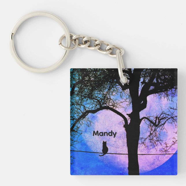 A Black Cat on a Wire Full Moon Name Keychain (Front)