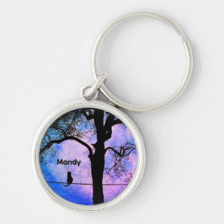A Black Cat on a Wire Full Moon Name Keychain