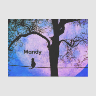 A Black Cat on a Wire Full Moon Name Tissue Paper