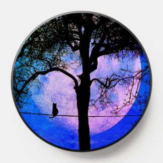 A Black Cat on a Wire Full Moon PopSocket
