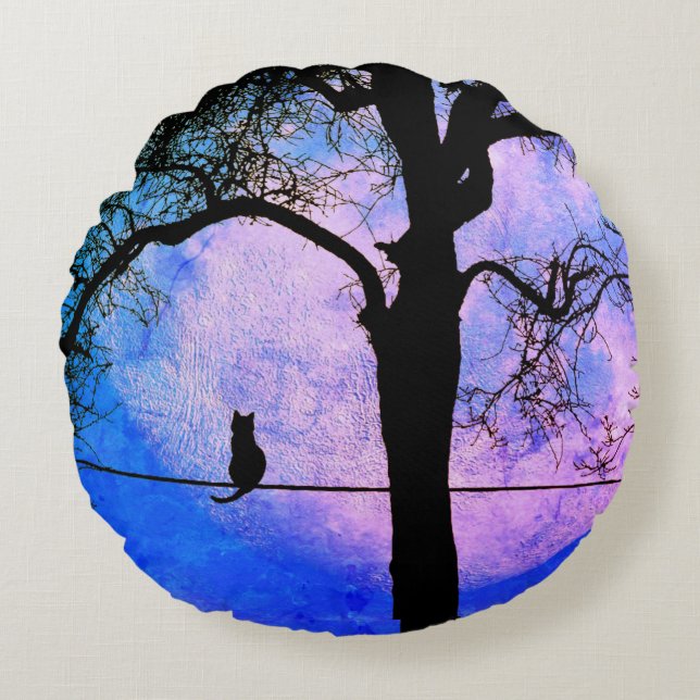 A Black Cat on a Wire Full Moon Round Pillow (Front)