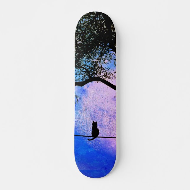 A Black Cat on a Wire Full Moon Skateboard (Front)