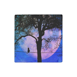A Black Cat on a Wire Full Moon Stone Magnet