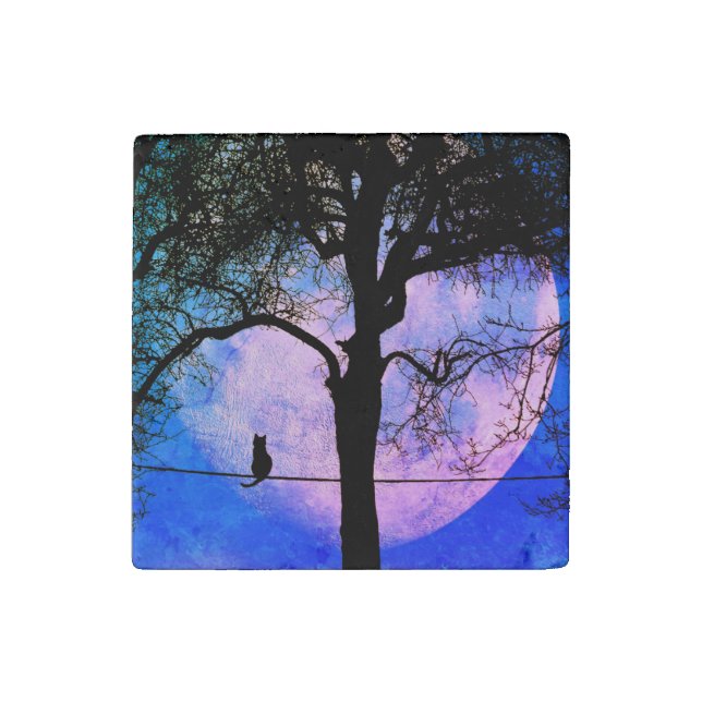 A Black Cat on a Wire Full Moon Stone Magnet (Front)