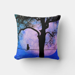 A Black Cat on a Wire Full Moon Throw Pillow