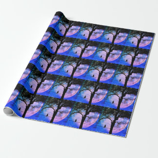 A Black Cat on a Wire Full Moon   Wrapping Paper