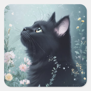 A Black Cat’s Midnight Gaze Square Sticker