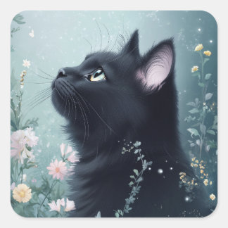 A Black Cat’s Midnight Gaze Square Sticker