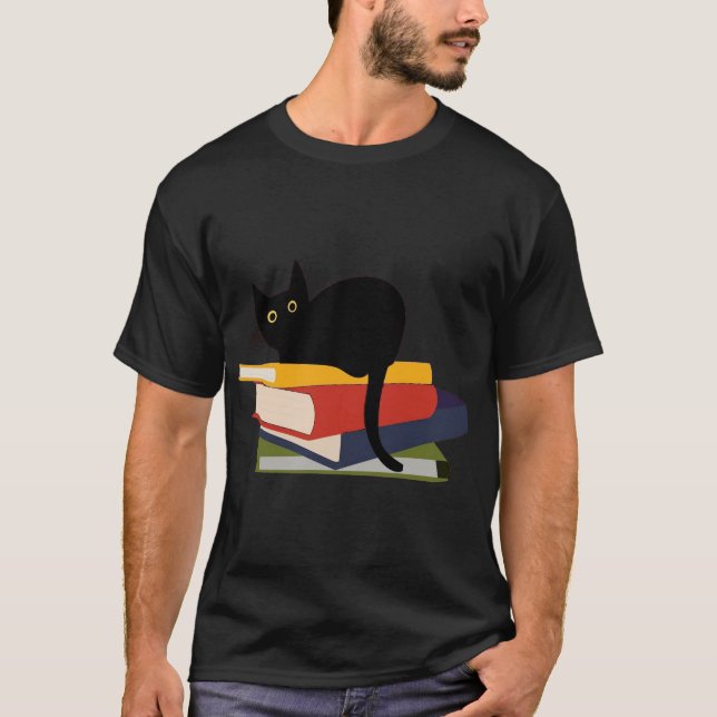 A black cat sits on top of a stack of five books. (Front)