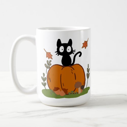 A black cat sitting on a pumpkin coffee mug