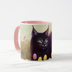 A Black Cat Tiptoes Through The Tulips - Mug
