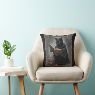 A Black Cat Wearing A Cloak Studying Halloween Throw Pillow