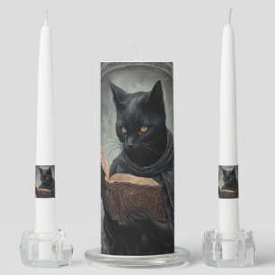 A Black Cat Wearing A Cloak Studying Halloween Unity Candle Set