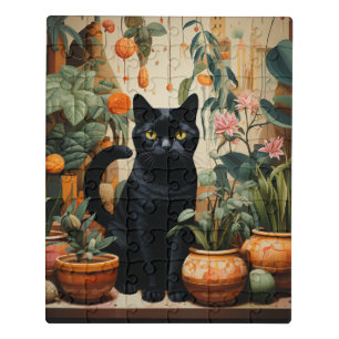 A Black Cat With Houseplants Jigsaw Puzzle