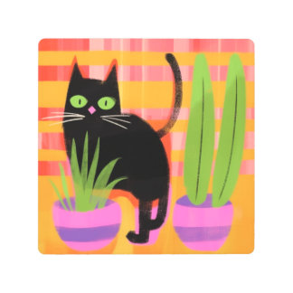 A Black Cat With Houseplants Metal Print
