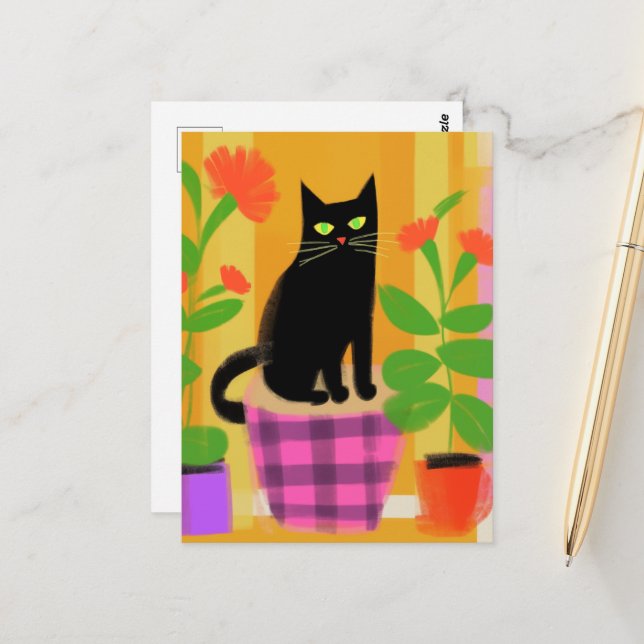 A Black Cat With Houseplants Pink Purple Seat Postcard (Front/Back In Situ)