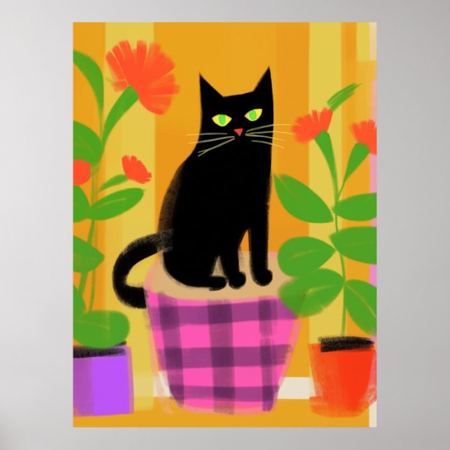 A Black Cat With Houseplants Pink Purple Seat Poster (Front)