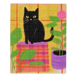 A Black Cat With Houseplants Plaid Chair Jigsaw Puzzle