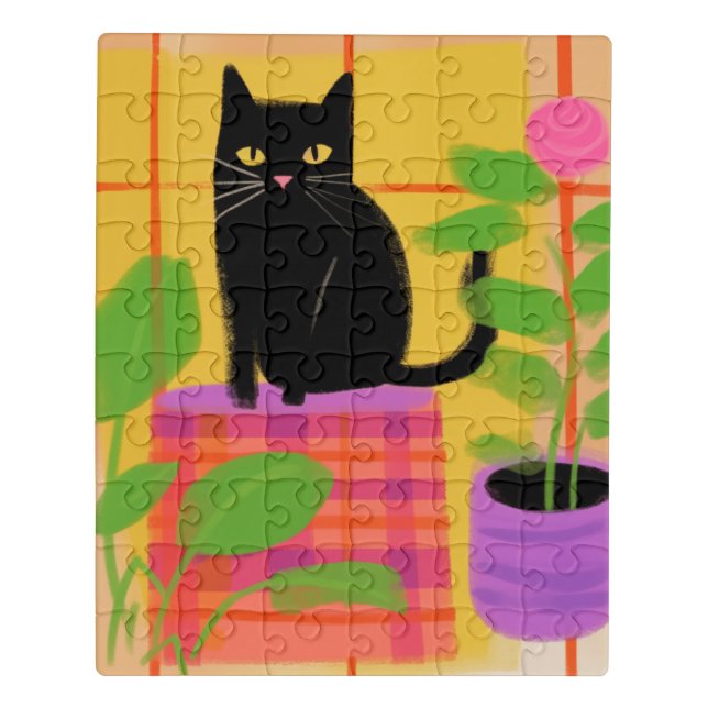 A Black Cat With Houseplants Plaid Chair Jigsaw Puzzle (Puzzle Vertical)