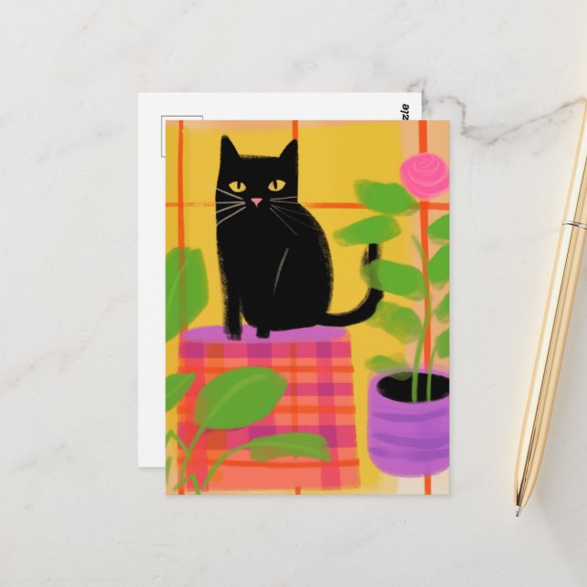 A Black Cat With Houseplants Plaid Chair Postcard (Front/Back In Situ)