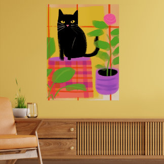 A Black Cat With Houseplants Plaid Chair Poster