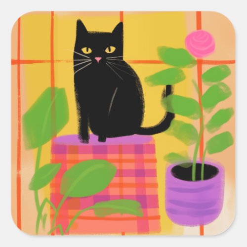 A Black Cat With Houseplants Plaid Chair Square Sticker