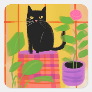 A Black Cat With Houseplants Plaid Chair Square Sticker