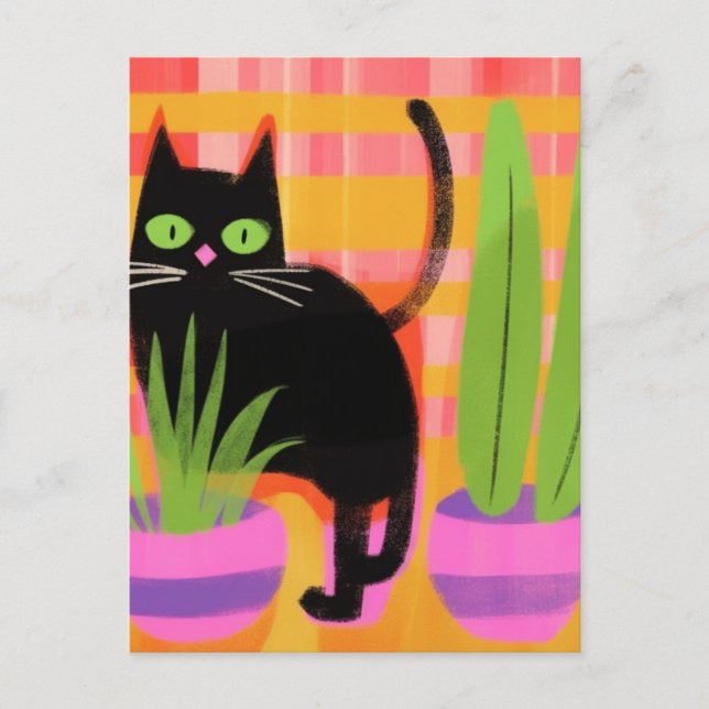 A Black Cat With Houseplants Postcard (Front)