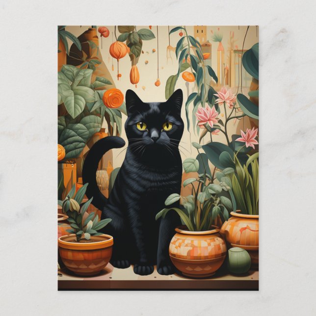 A Black Cat With Houseplants Postcard (Front)