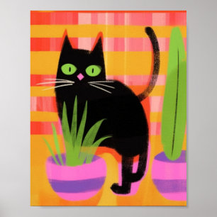 A Black Cat With Houseplants Poster