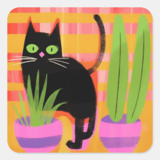 A Black Cat With Houseplants Square Sticker