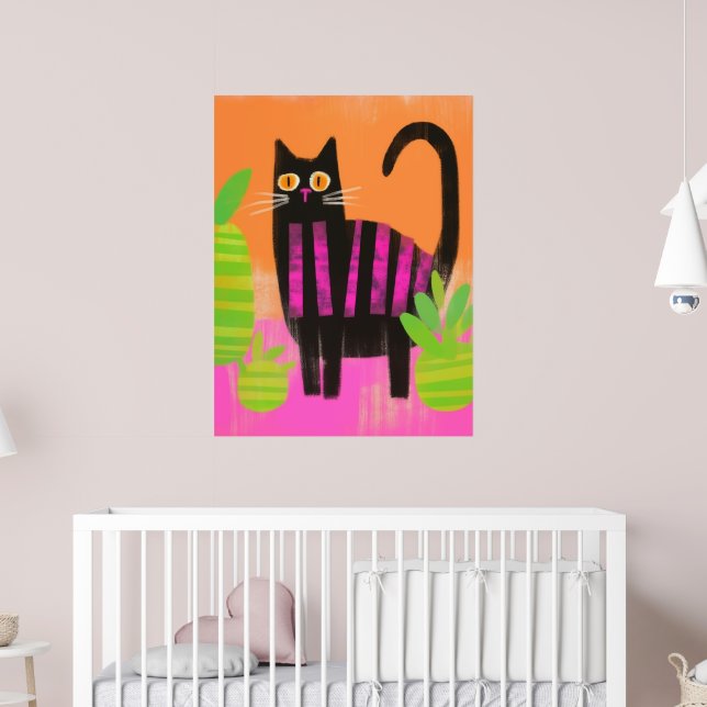 A Black Cat With Pink Stripes and Houseplants  Poster (Nursery 2)