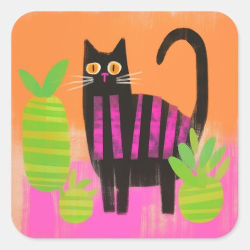 A Black Cat With Pink Stripes and Houseplants  Square Sticker