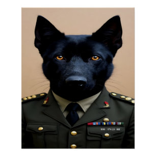 A black German Shepherd in military uniform Poster