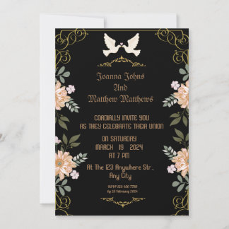 A black, gold and floral wedding card
