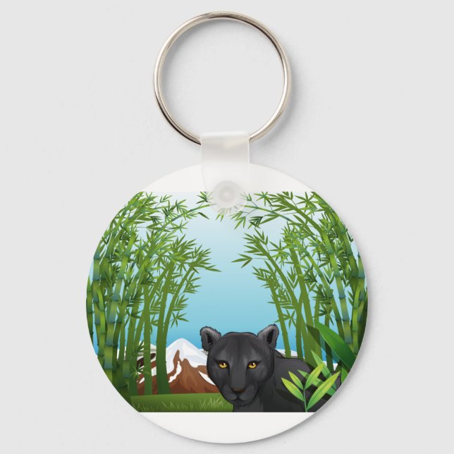 A black panther at the bamboo forest keychain (Front)