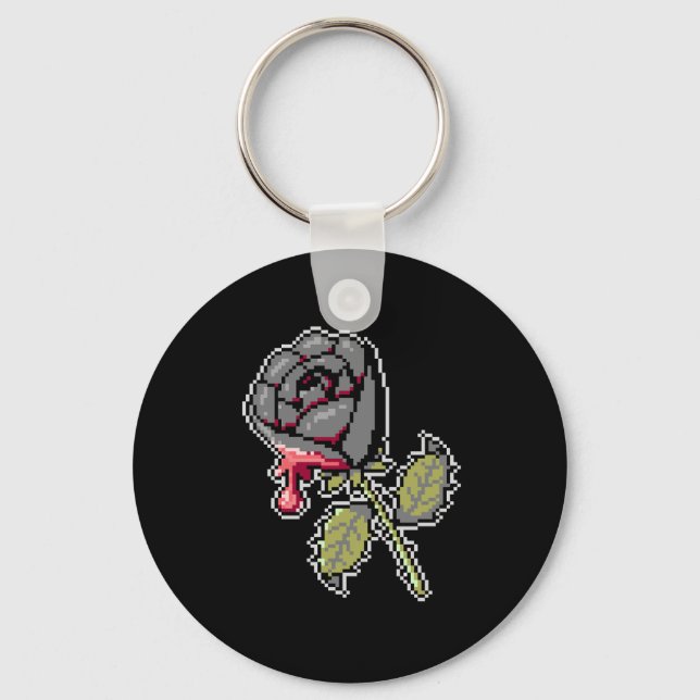 A Black Rose Painted Red Pixel Art Keychain (Front)