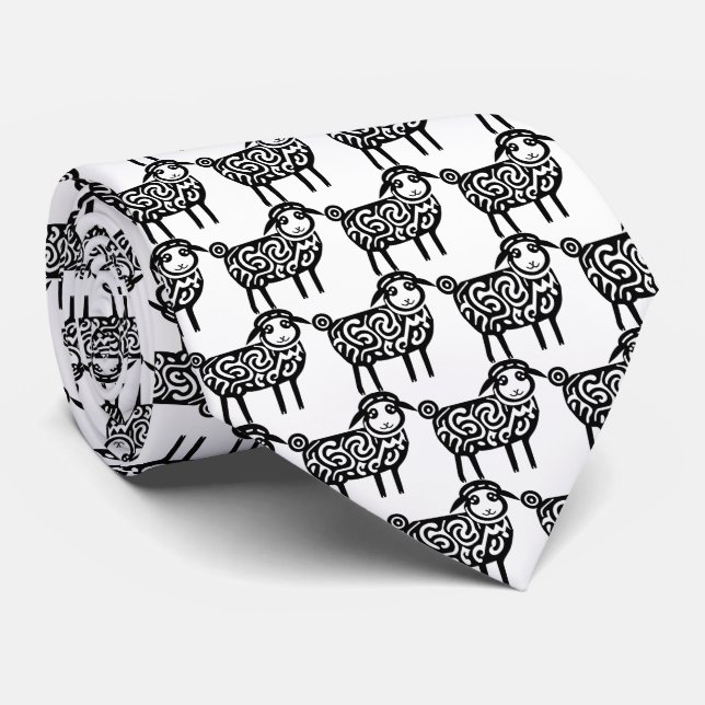 A Black Silhouette Patterned Sheep Tattoo Icon Neck Tie (Rolled)