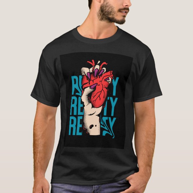 A black t-shirt featuring a hand holding a heart w (Front)